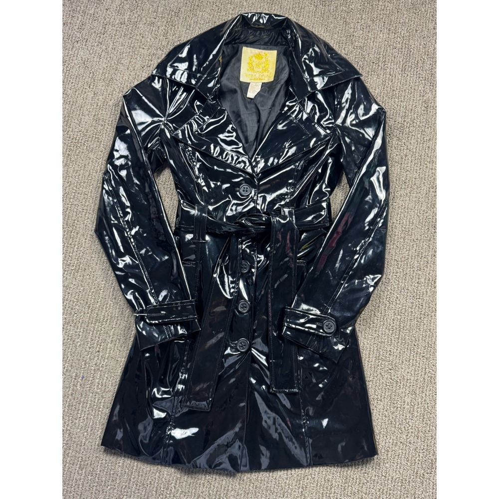 VTG Wet Seal Patent Faux Leather Trench Coat Jacket Womens M Black Y2K Matrix